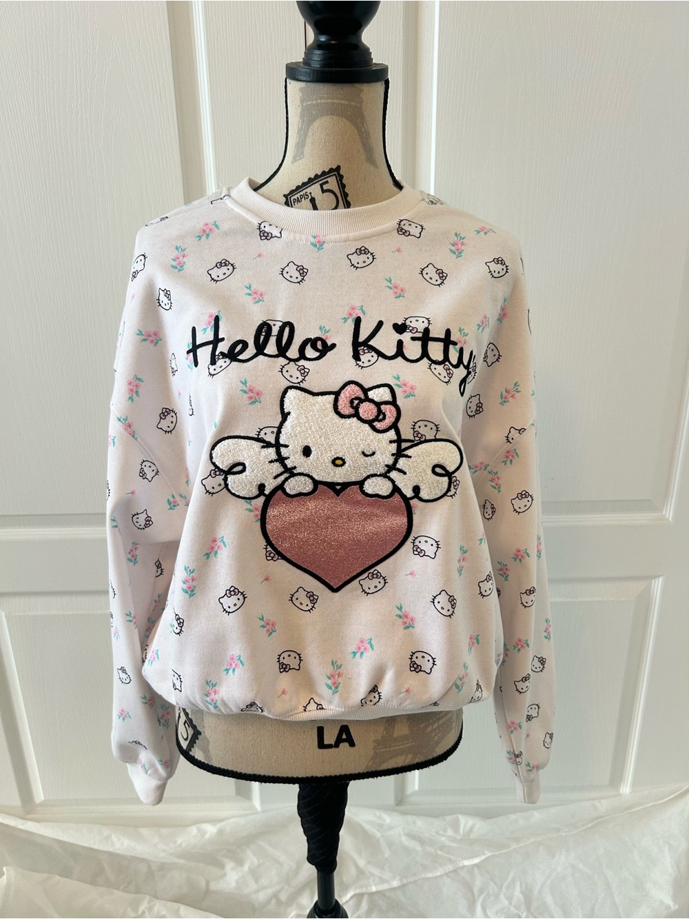 Sanrio Hello Kitty Pink Glitter Heart Crewneck Sweater